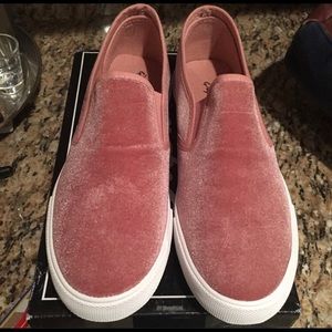 Pink velvet slip ons
